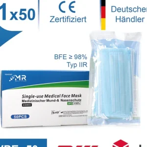 MR Solutions 50x Medizinischer Mund Atem Nasen Schutz Filtration BFE 98 % EN 14683:2019+AC:2019 Typ IIR OP Maske 3 lagig Neue Ware