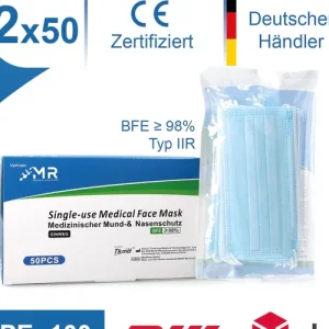 MR Solutions Medizinischer Mund Nasenschutz 100 Stk. Filtration BFE 98 % EN 14683:2019+AC:2019 Typ IIR 3 lagige OP Maske Billig