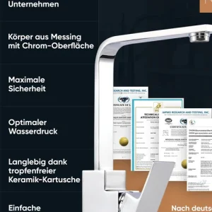 Zertifiziert Rosenhahn & Söhne Juist 100 Küchenarmatur 360° Drehbarer Wasserhahn Küche - Armatur Küche [Chrom] - 2-fach verstellbare Spültischarmatur + Anschlussschläuche