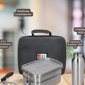 Highlight Toolbrothers Fan Lunchpaket in Hardcase Tragetasche Lunchtasche Wasserdichtmit 2 Etagen Brotdose, Edelstahl Deckel 1340 ml + Edelstahl Trinkflasche 600 ml + 4 in 1 Multifunktions Besteck