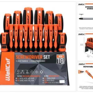 Zertifiziert WellCut 18-teiliges Schraubendreher-Set, frei drehende Präzisions-Schraubendreher, magnetisch, aus gehärtetem Cr-V-Werkzeugstahl ( ‎WC-SD18S )